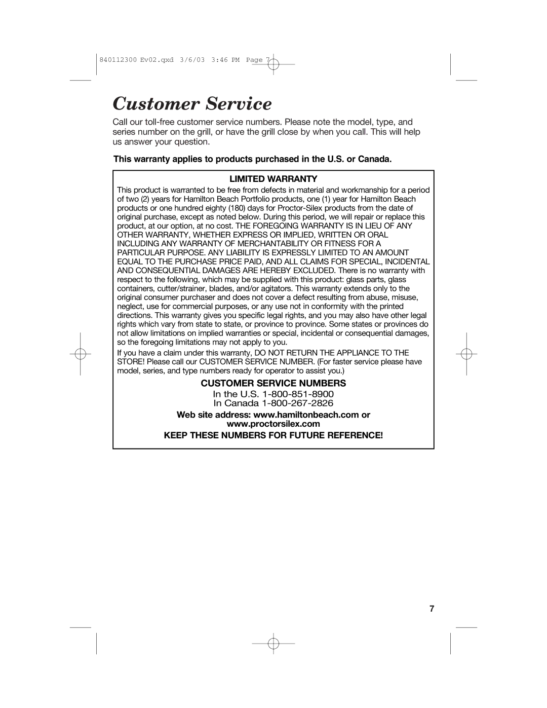 Hamilton Beach 25219 manual Customer Service, Limited Warranty, Keep These Numbers for Future Reference 