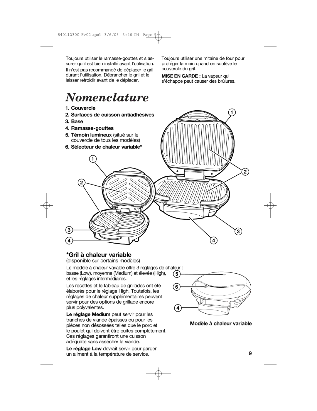 Hamilton Beach 25219 manual Sélecteur de chaleur variable, Témoin lumineux situé sur le couvercle de tous les modèles 