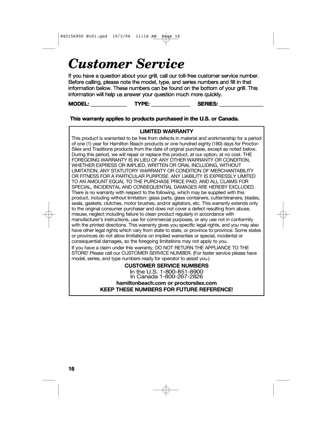 Hamilton Beach 25285 manual Model Type Series, Limited Warranty, Customer Service Numbers 