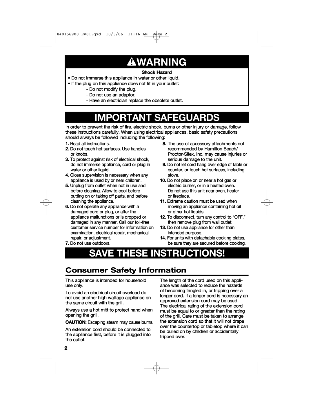 Hamilton Beach 25285 manual wWARNING, Important Safeguards, Save These Instructions, Consumer Safety Information 