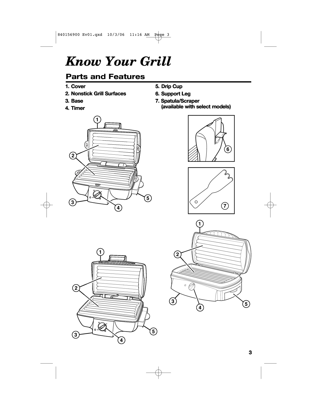 Hamilton Beach 25285 Know Your Grill, Parts and Features, Cover, Drip Cup, Nonstick Grill Surfaces, Support Leg, Base 