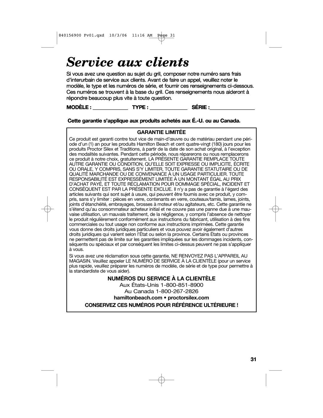 Hamilton Beach 25285 manual Service aux clients, Modèle Type Série, Garantie Limitée, hamiltonbeach.com proctorsilex.com 