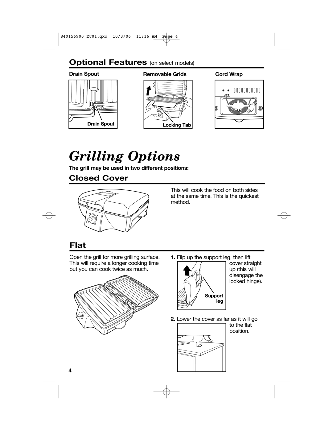 Hamilton Beach 25285 Grilling Options, Optional Features on select models, Closed Cover, Flat, Drain Spout, Cord Wrap 