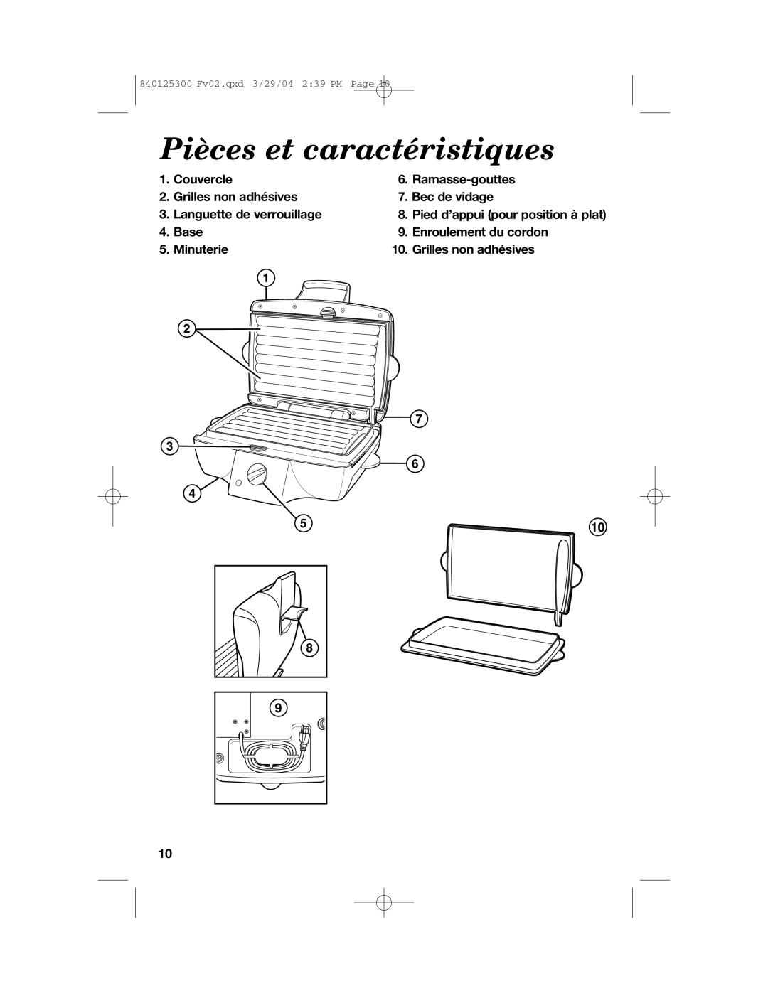 Hamilton Beach 25295 manual Pièces et caractéristiques, Base Enroulement du cordon Minuterie Grilles non adhésives 