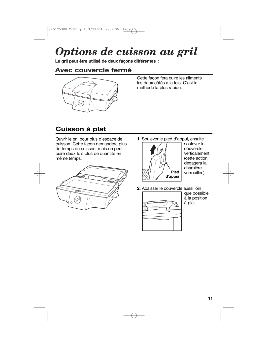 Hamilton Beach 25295 manual Options de cuisson au gril, Avec couvercle fermé, Cuisson à plat 