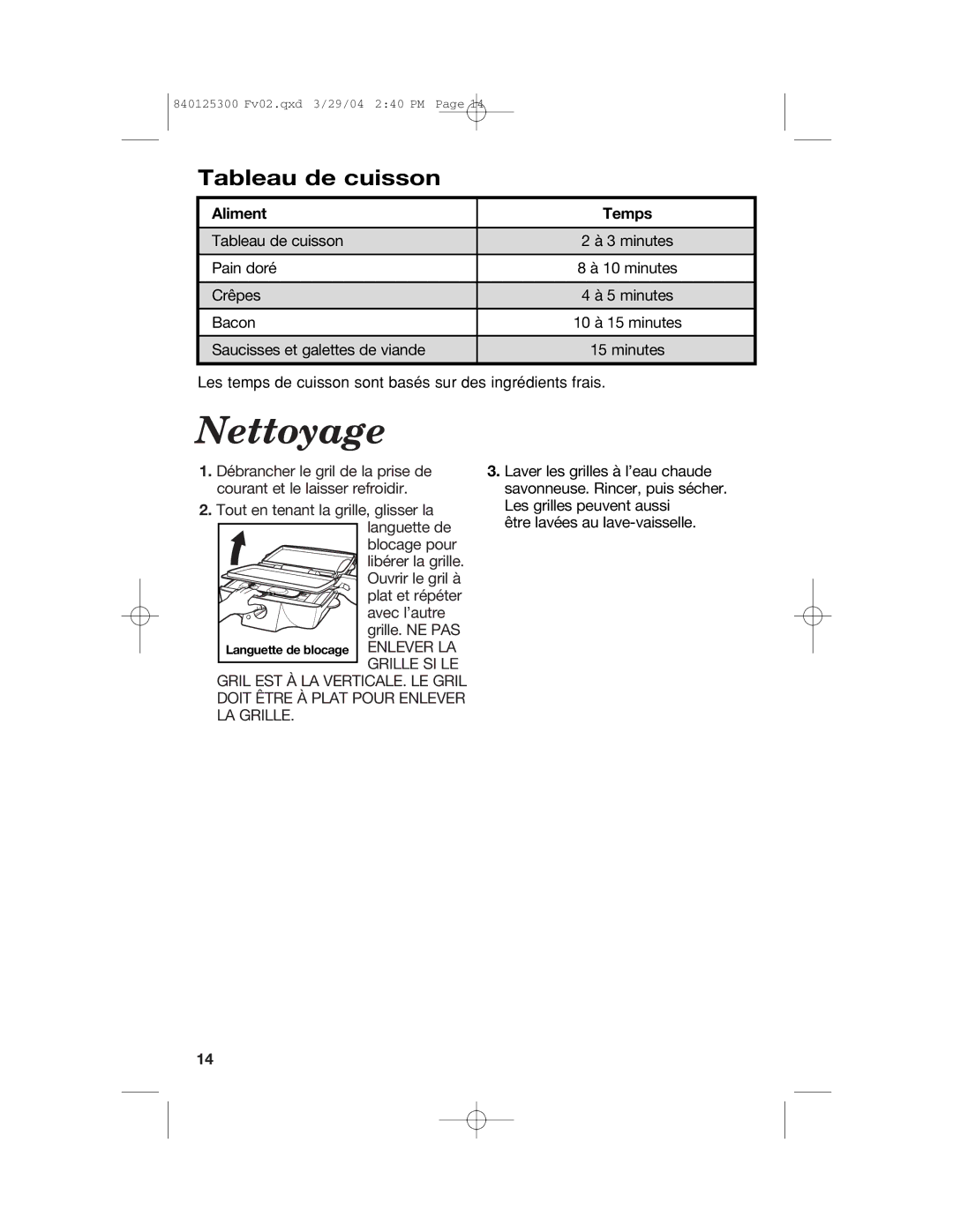 Hamilton Beach 25295 manual Nettoyage, Tableau de cuisson, Aliment Temps 