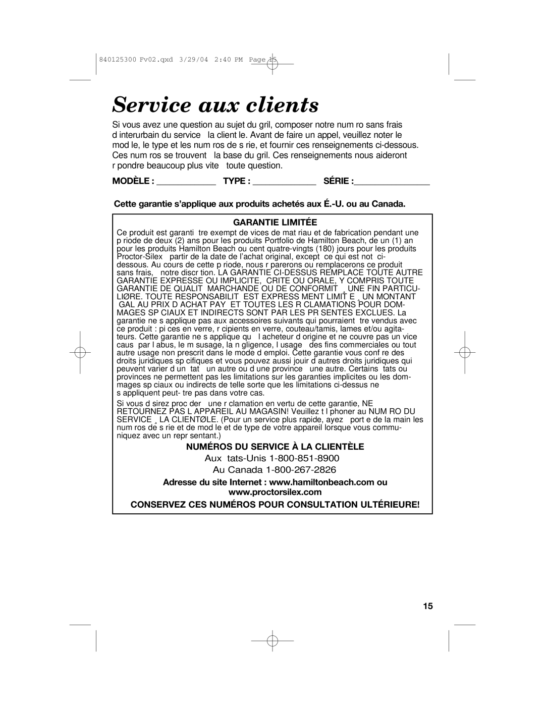 Hamilton Beach 25295 manual Service aux clients, Garantie Limitée, Numéros DU Service À LA Clientèle 