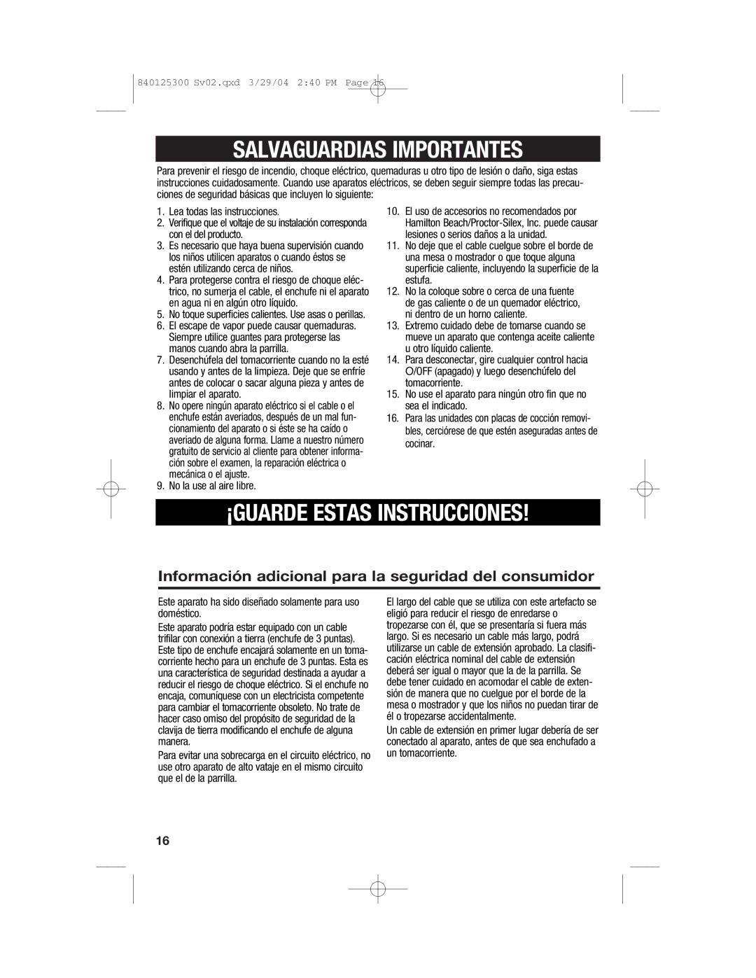 Hamilton Beach 25295 manual Salvaguardias Importantes 