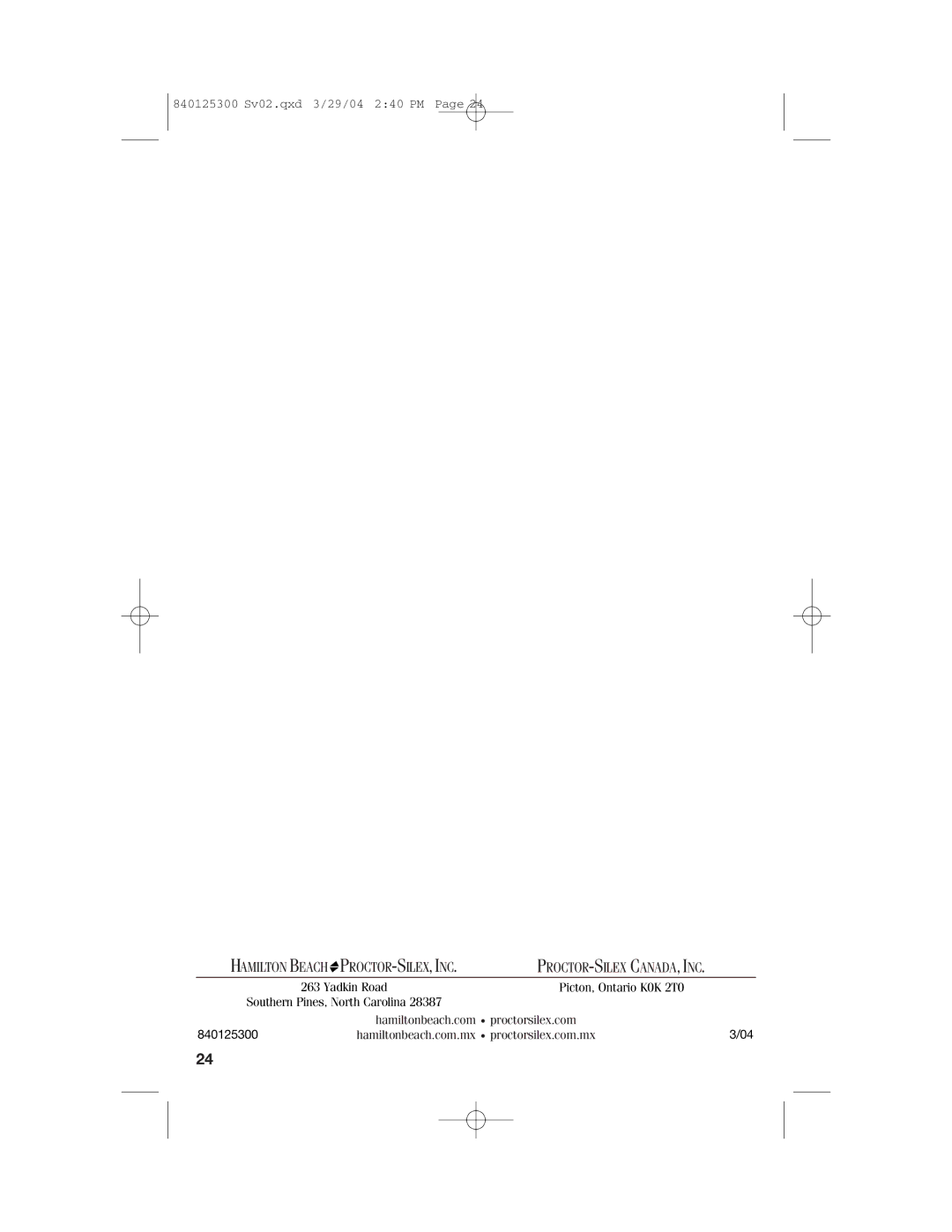 Hamilton Beach 25295 manual Proctor-Silex, Inc 