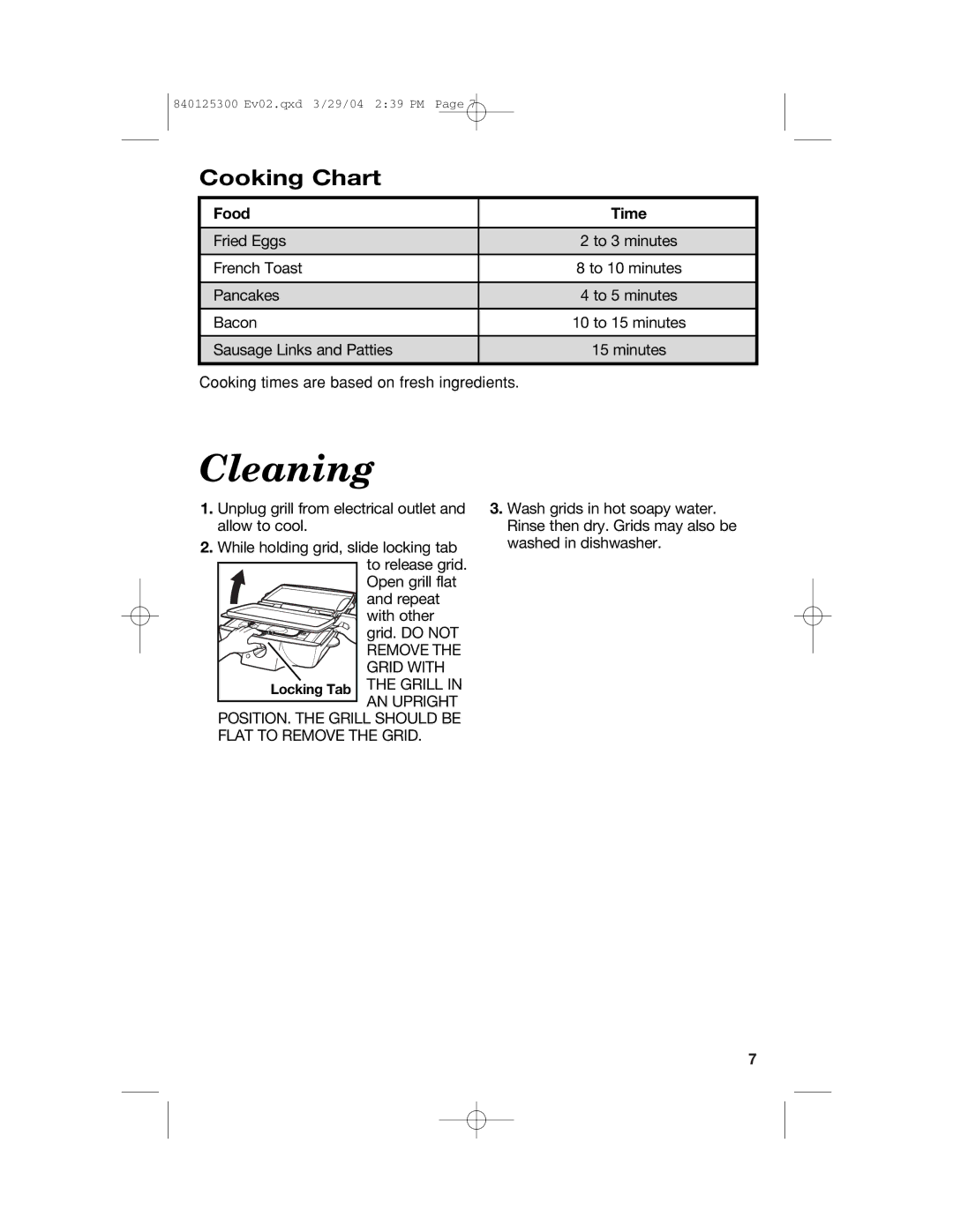 Hamilton Beach 25295 manual Cleaning, Cooking Chart, Food Time 