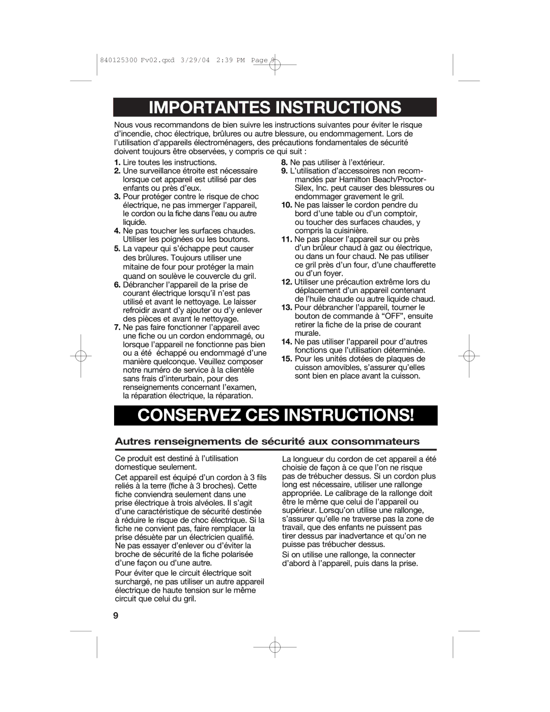 Hamilton Beach 25295 manual Importantes Instructions 