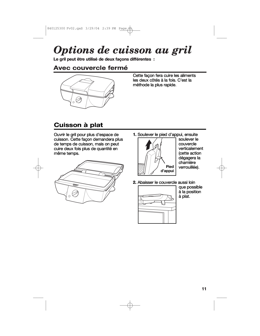 Hamilton Beach 25295 manual Options de cuisson au gril, Avec couvercle fermé, Cuisson à plat 