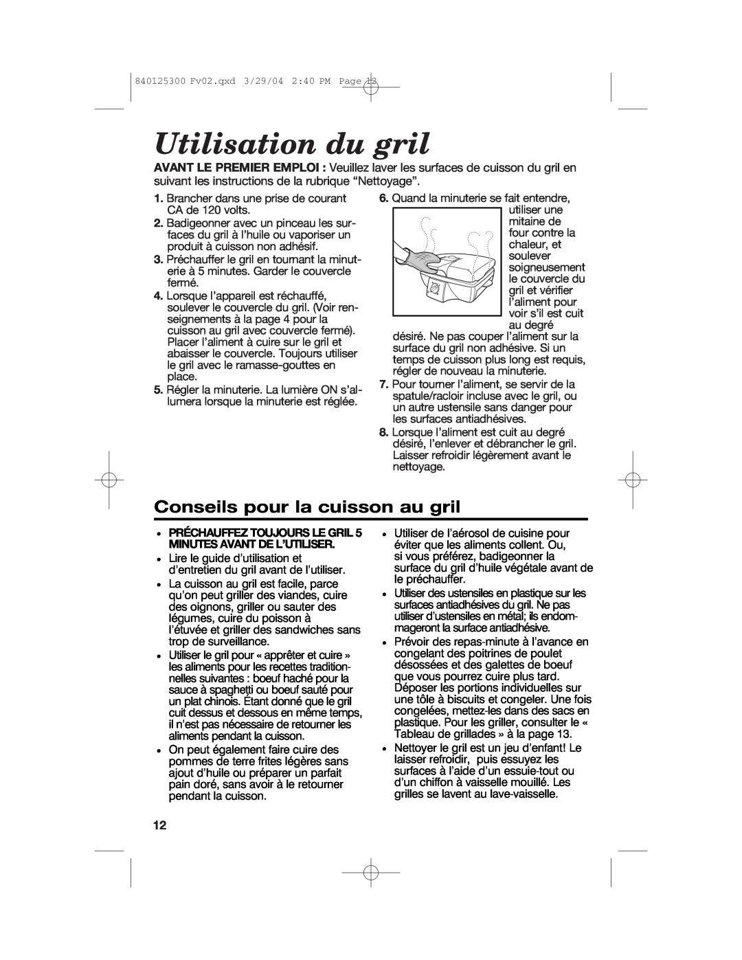 Hamilton Beach 25295 manual Utilisation du gril, Conseils pour la cuisson au gril 