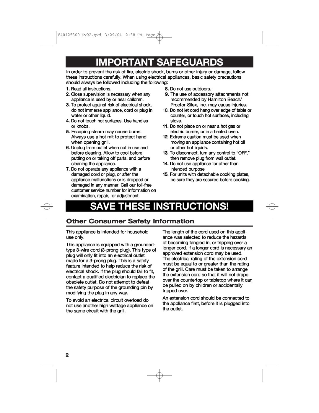 Hamilton Beach 25295 manual Important Safeguards, Save These Instructions, Other Consumer Safety Information 