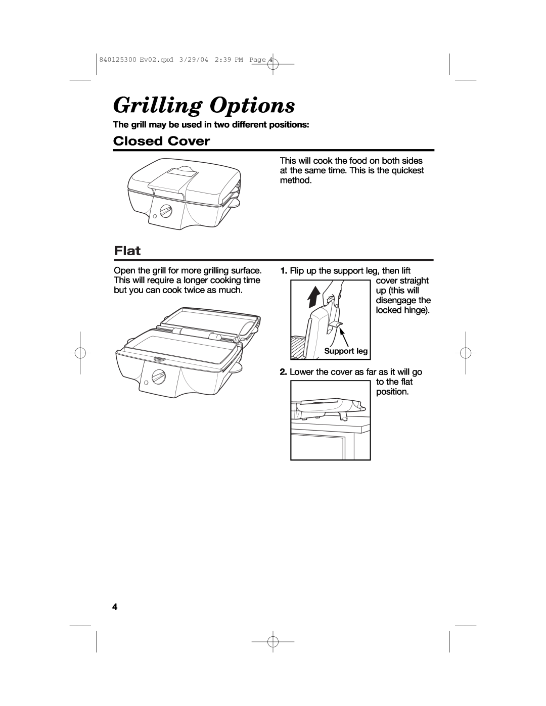 Hamilton Beach 25295 manual Grilling Options, Closed Cover, Flat, The grill may be used in two different positions 