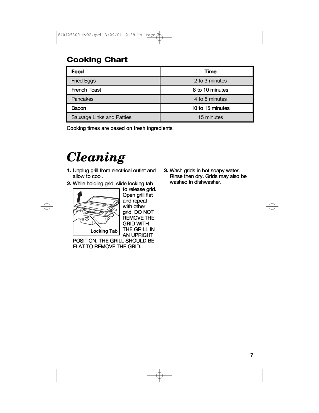 Hamilton Beach 25295 manual Cleaning, Cooking Chart, Food, Time 