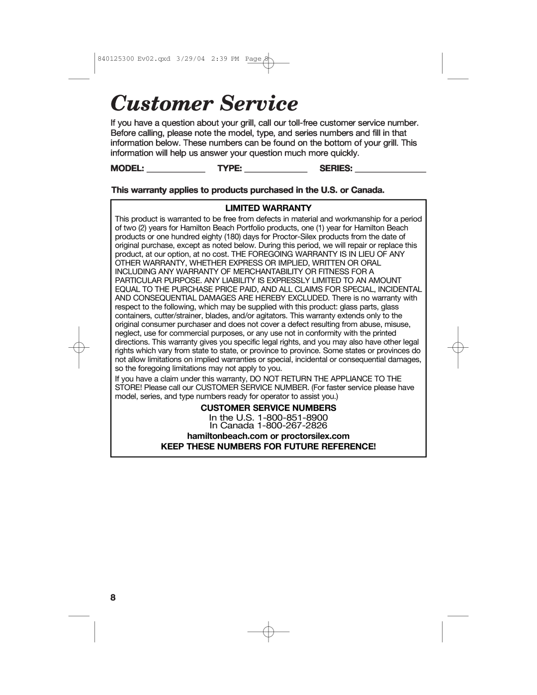 Hamilton Beach 25295 manual Model Type Series, Limited Warranty, Customer Service Numbers 