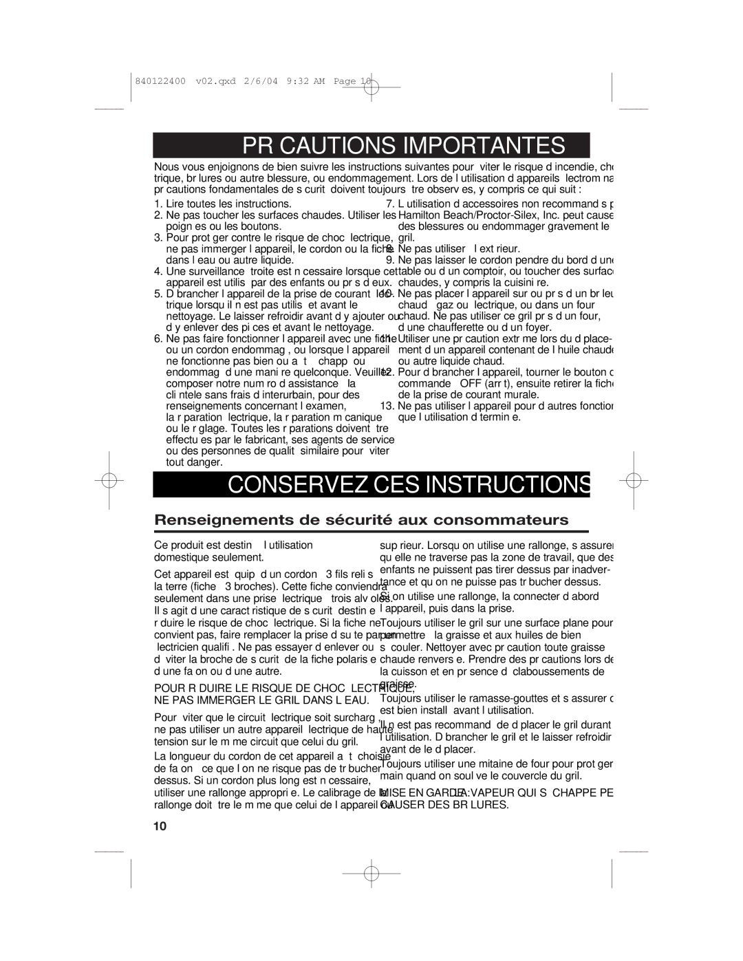 Hamilton Beach 25326C manual Renseignements de sécurité aux consommateurs, Ne pas utiliser à l’extérieur 