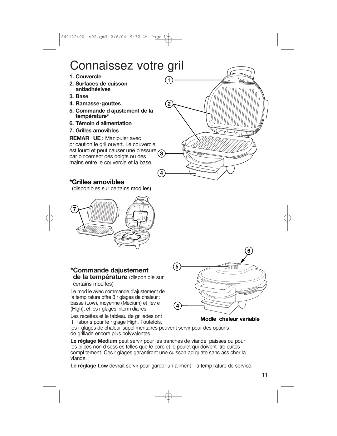 Hamilton Beach 25326C manual Grilles amovibles, Commande d’ajustement 