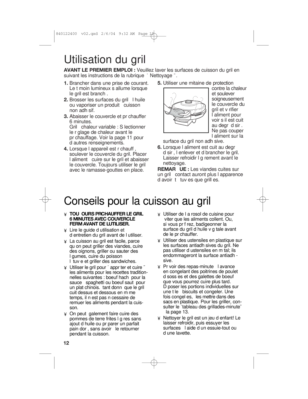 Hamilton Beach 25326C manual Utilisation du gril 