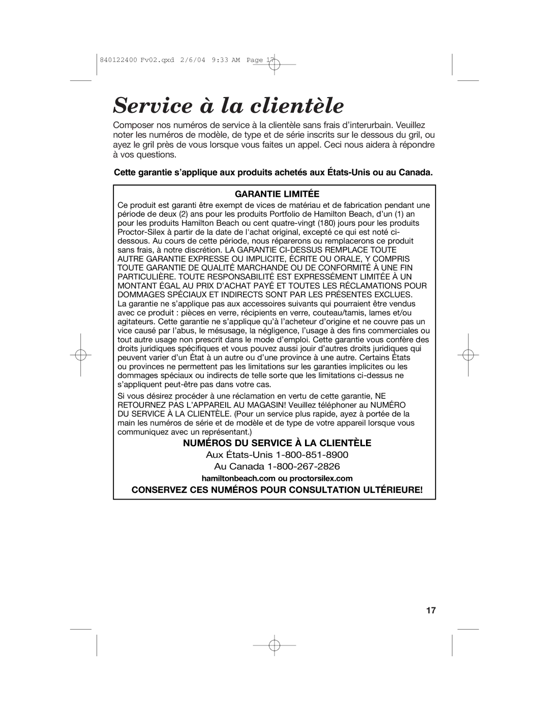 Hamilton Beach 25326C manual Service à la clientèle, Garantie Limitée, Conservez CES Numéros Pour Consultation Ultérieure 