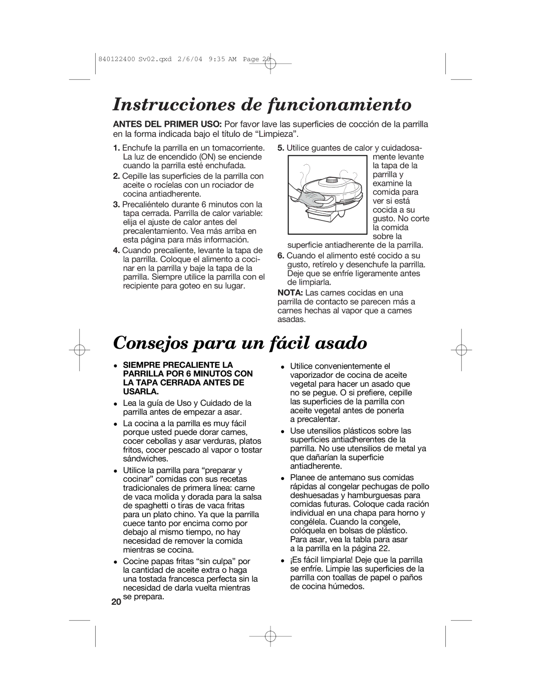 Hamilton Beach 25326C manual Instrucciones de funcionamiento, Consejos para un fácil asado 