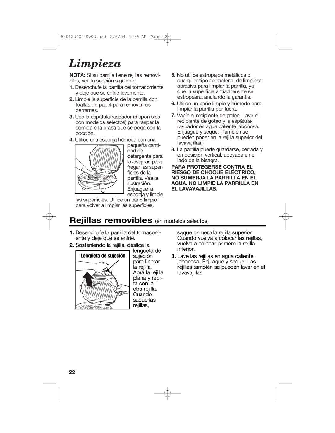 Hamilton Beach 25326C manual Limpieza, Lengüeta de sujeción sujeción para liberar la rejilla, Dad de detergente para 