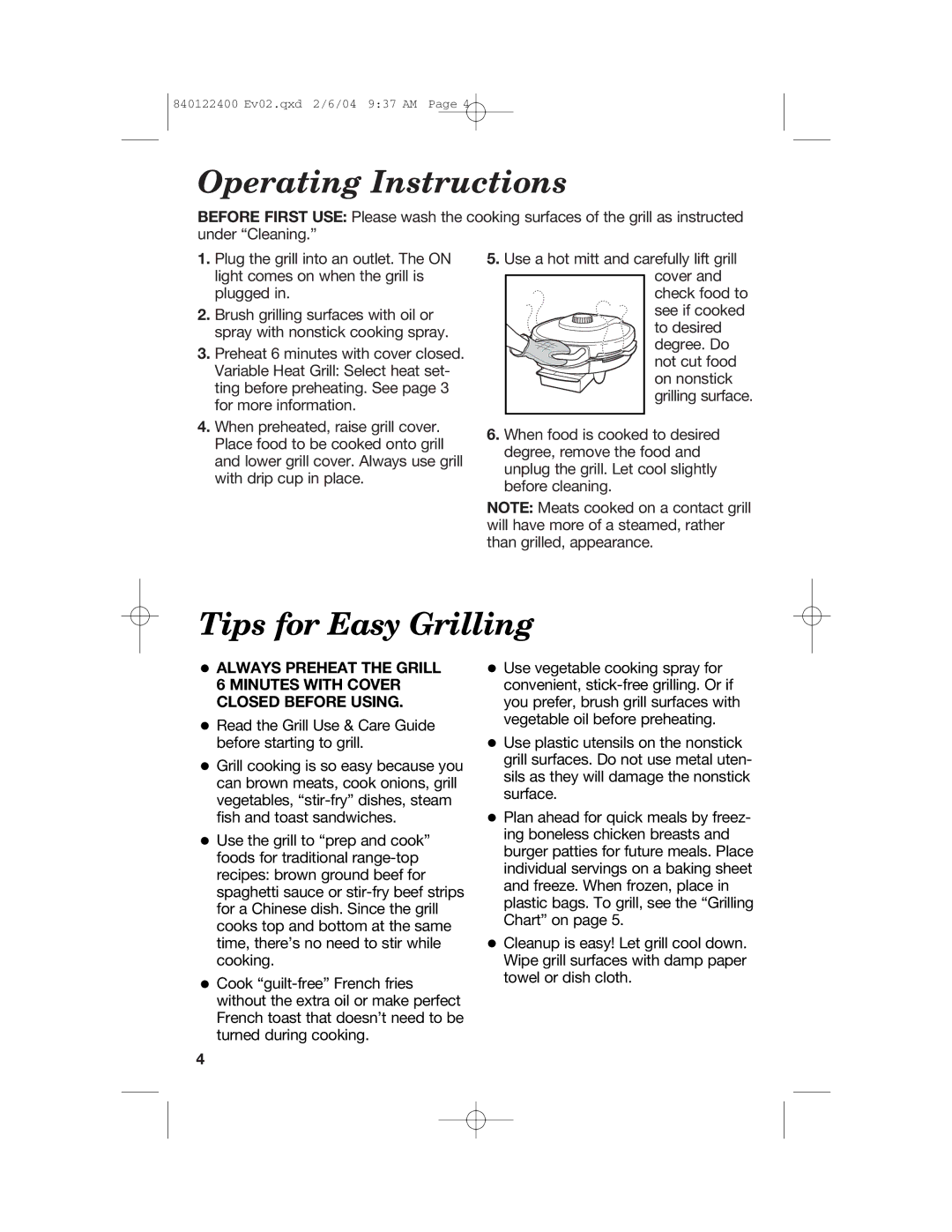 Hamilton Beach 25326C manual Operating Instructions, Tips for Easy Grilling 