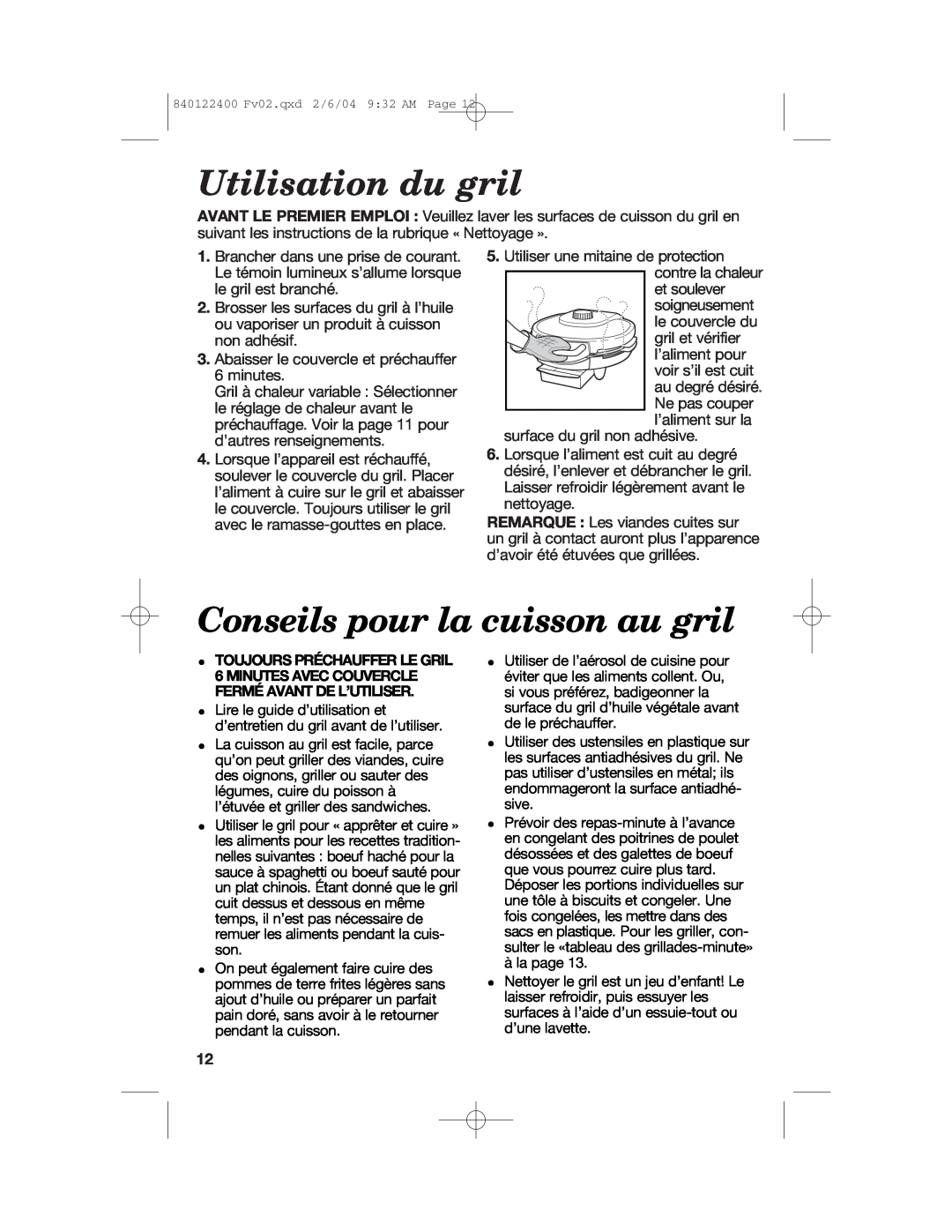Hamilton Beach 25326C manual Utilisation du gril, Conseils pour la cuisson au gril 