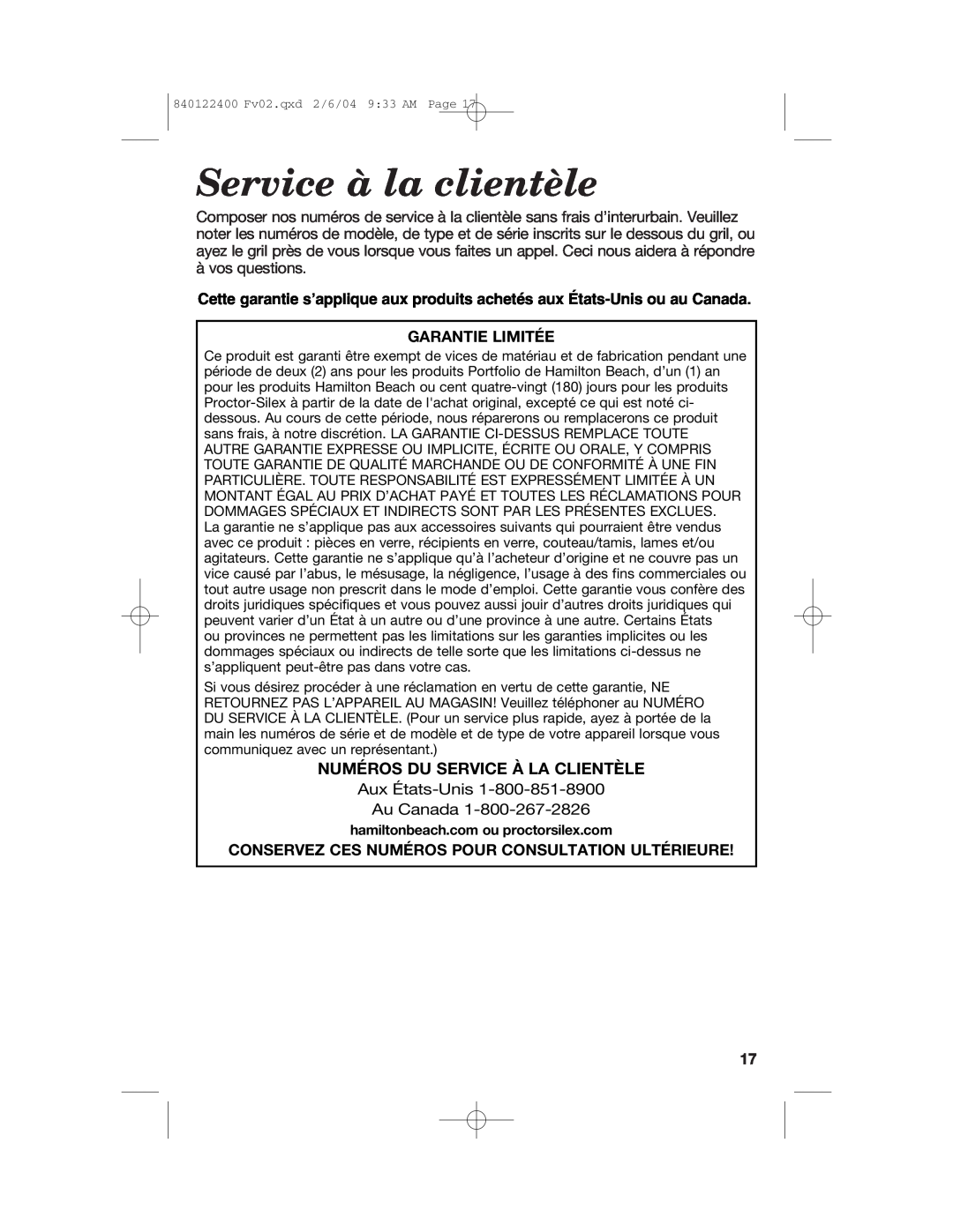 Hamilton Beach 25326C manual Service à la clientèle, Numéros Du Service À La Clientèle, Garantie Limitée 