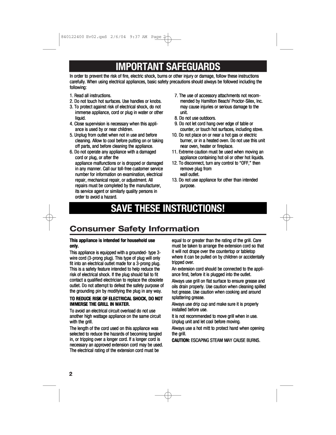 Hamilton Beach 25326C manual Important Safeguards, Save These Instructions, Consumer Safety Information 
