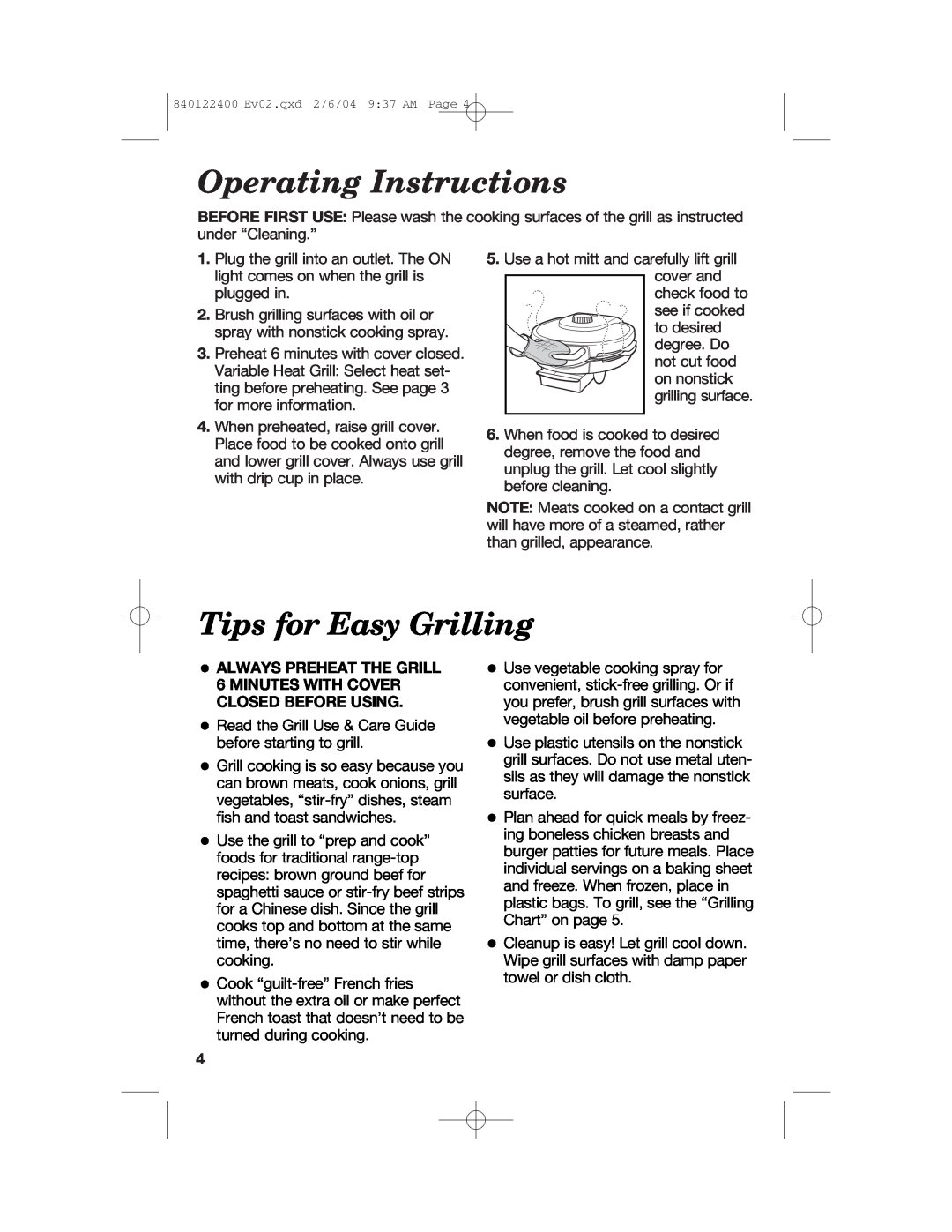 Hamilton Beach 25326C manual Operating Instructions, Tips for Easy Grilling 