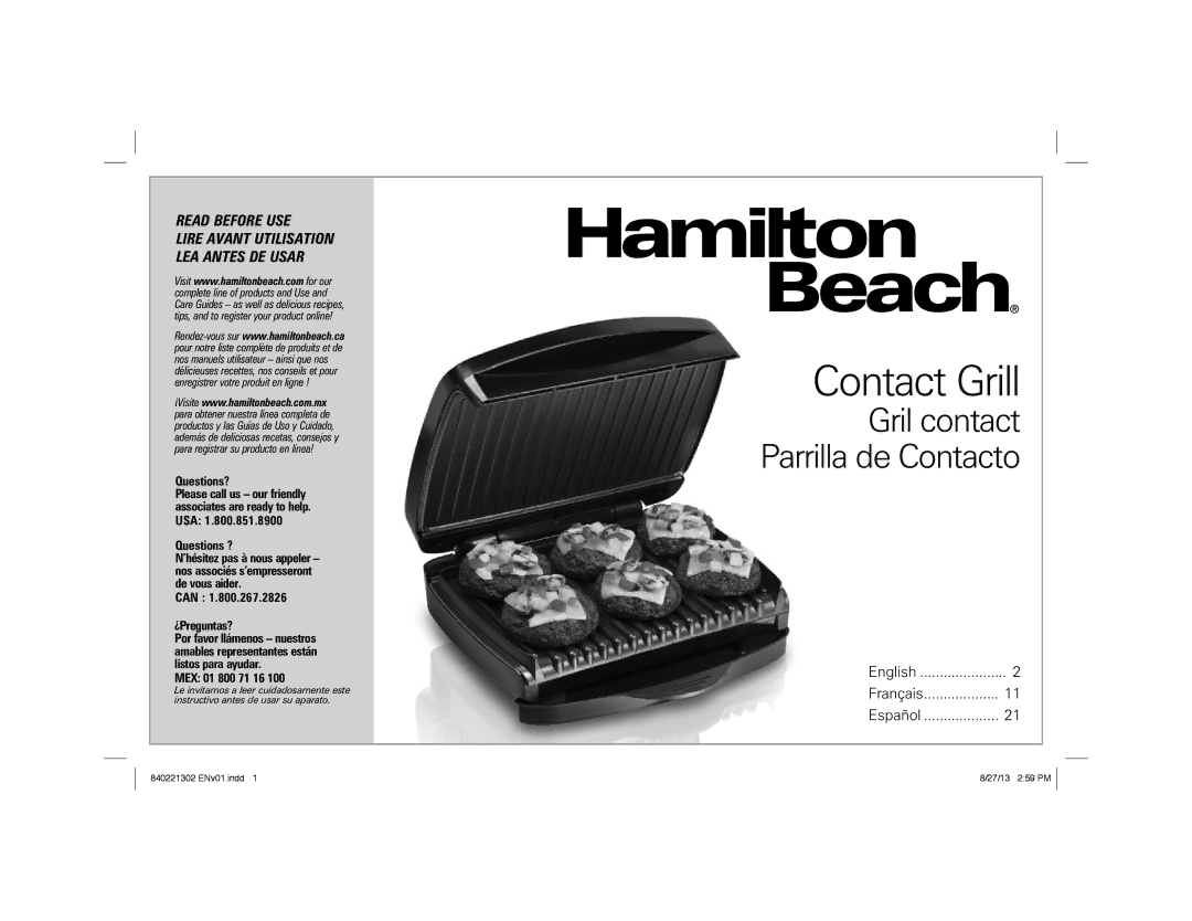 Hamilton Beach 25335 manual Contact Grill 