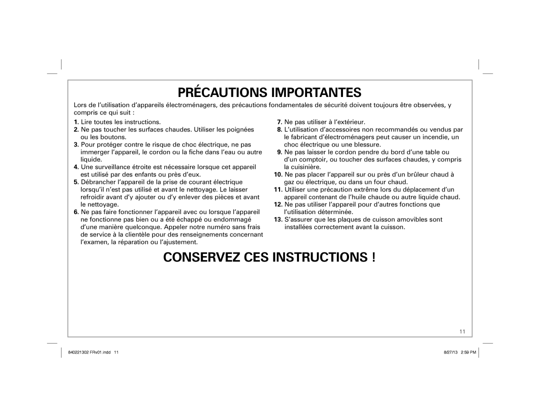 Hamilton Beach 25335 manual Précautions Importantes 