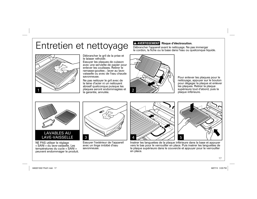 Hamilton Beach 25335 manual Entretien et nettoyage, Avertissement Risque d’électrocution 