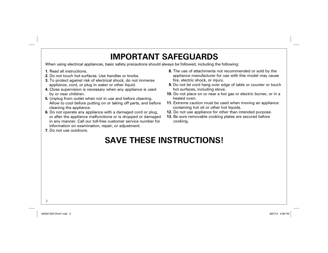 Hamilton Beach 25335 manual Important Safeguards 