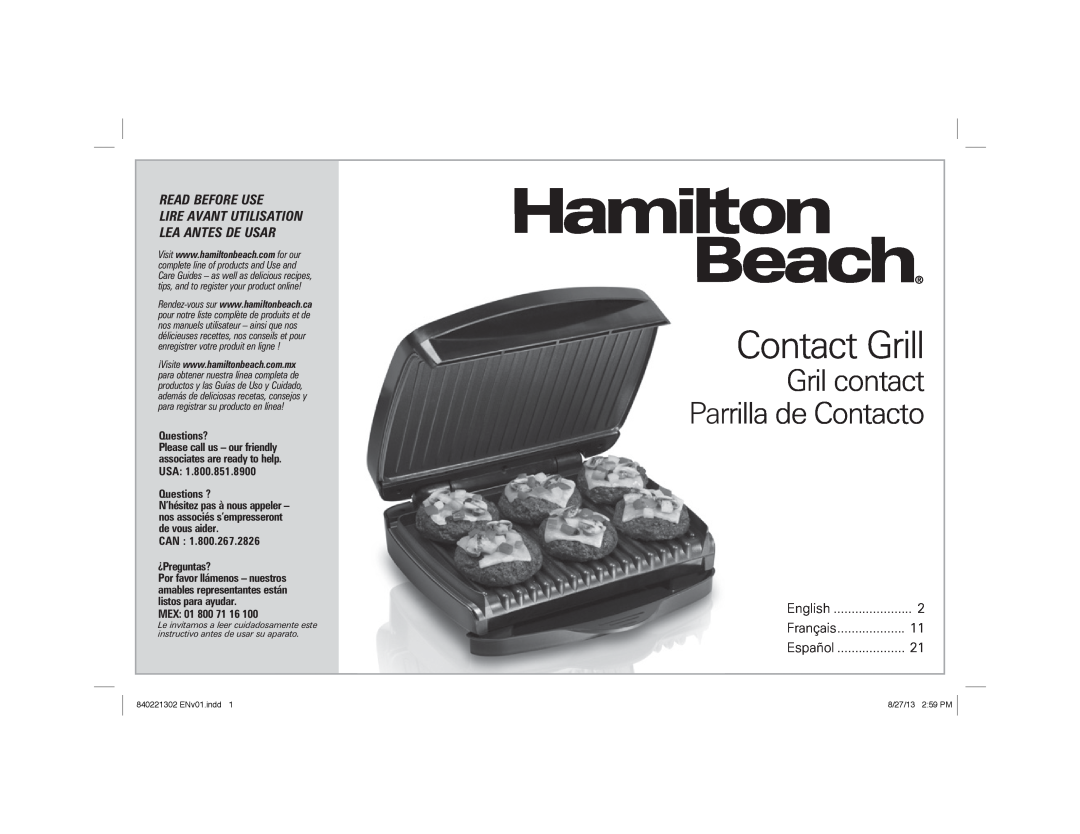 Hamilton Beach 25335 manual Contact Grill, Gril contact Parrilla de Contacto, Read Before Use, Questions?, Questions ? 
