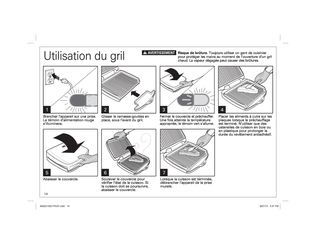 Hamilton Beach 25335 manual Utilisation du gril, w AVERTISSEMENT, 840221302 FRv01.indd, 8/27/13 3 31 PM 