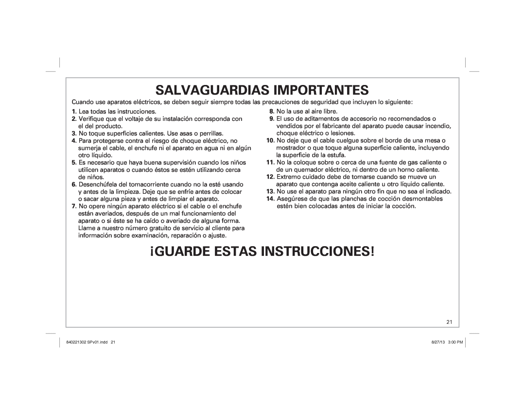 Hamilton Beach 25335 manual Salvaguardias Importantes, ¡Guarde Estas Instrucciones 