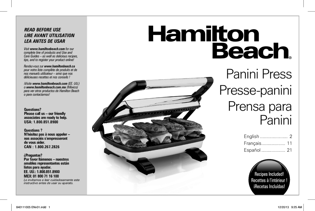 Hamilton Beach 25450 manual Panini Press Presse-panini Prensa para 