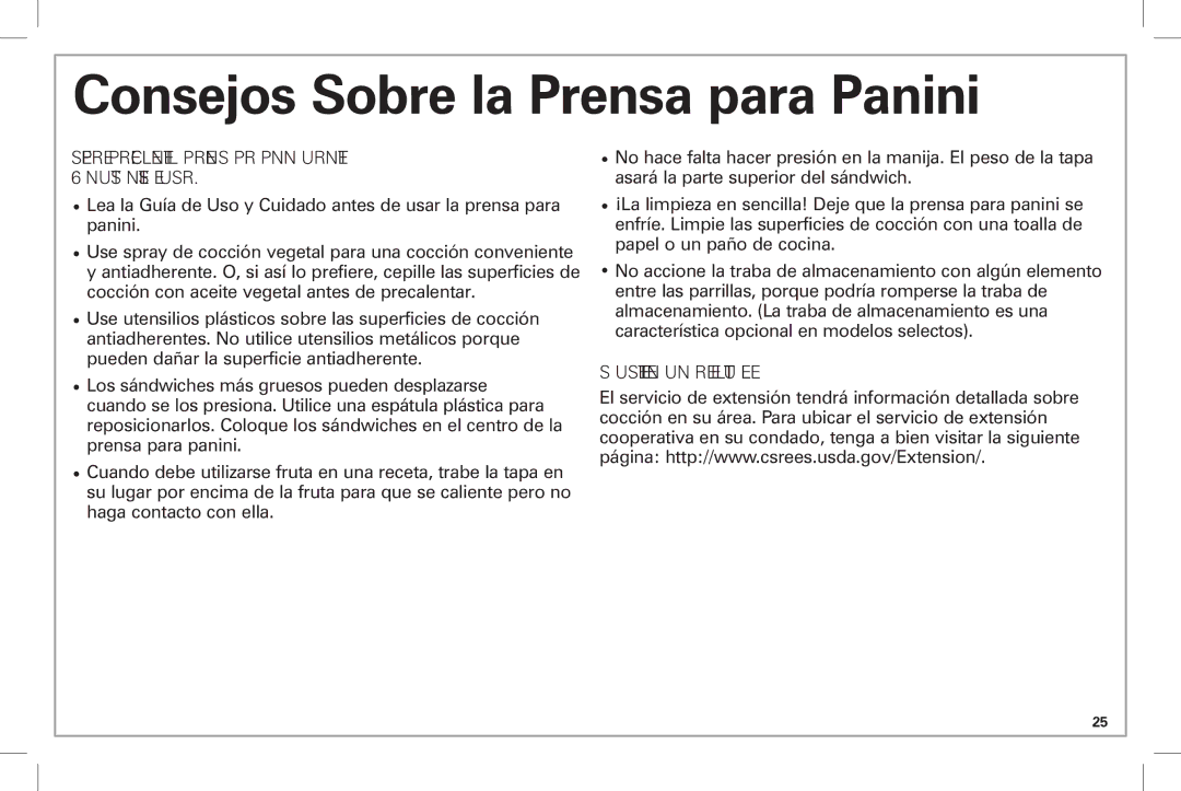 Hamilton Beach 25450 manual Consejos Sobre la Prensa para Panini, SI Usted Vive EN UNA Área DE Altitud Elevada 