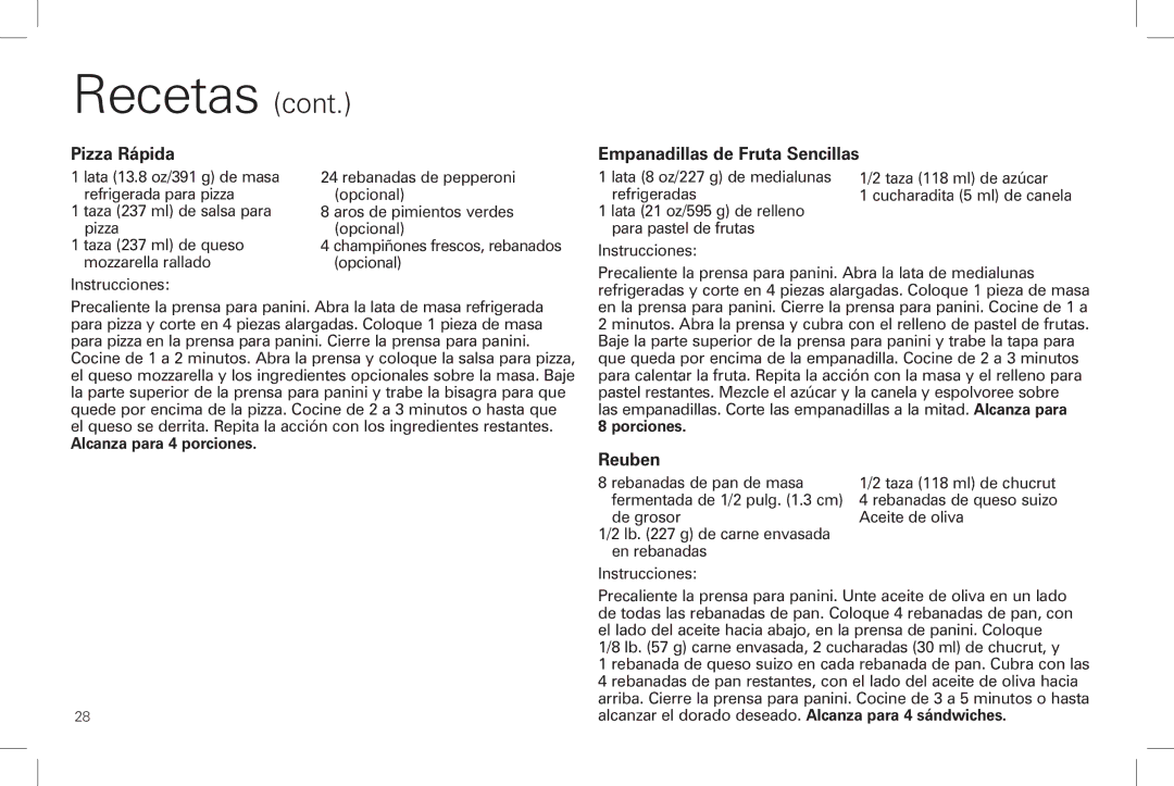 Hamilton Beach 25450 manual Pizza Rápida Empanadillas de Fruta Sencillas, Alcanza para 4 porciones, Porciones 