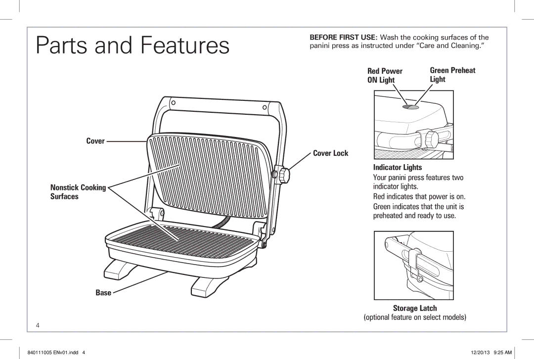 Hamilton Beach 25450 manual Parts and Features, Cover Nonstick Cooking Surfaces Base, Red Power, Storage Latch 