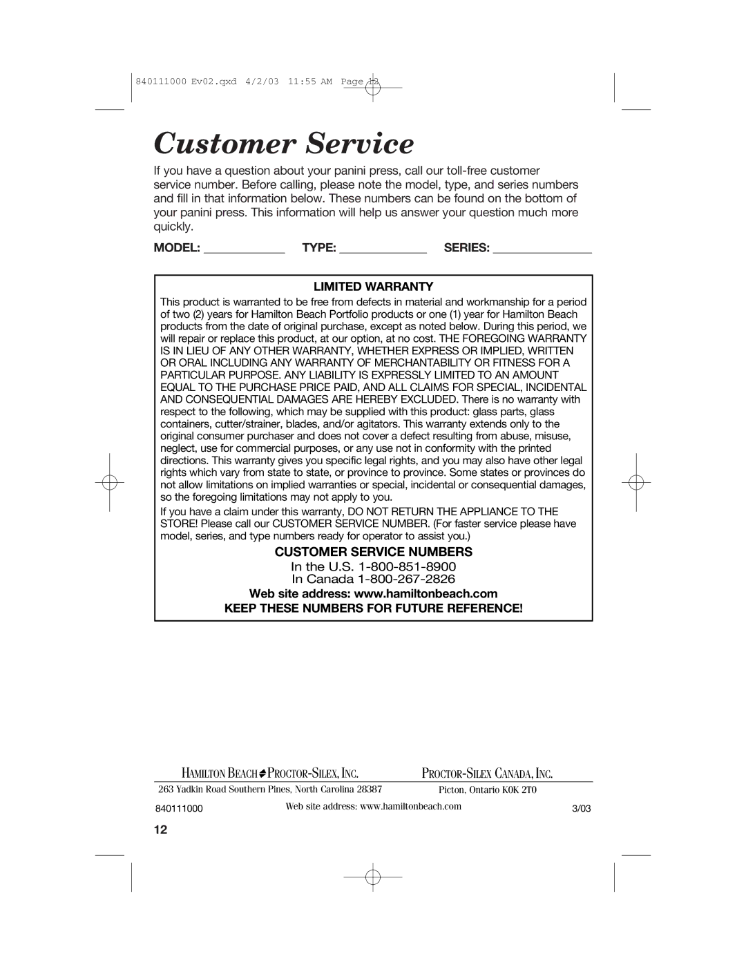 Hamilton Beach 25450 operating instructions Customer Service, Model Type Series 