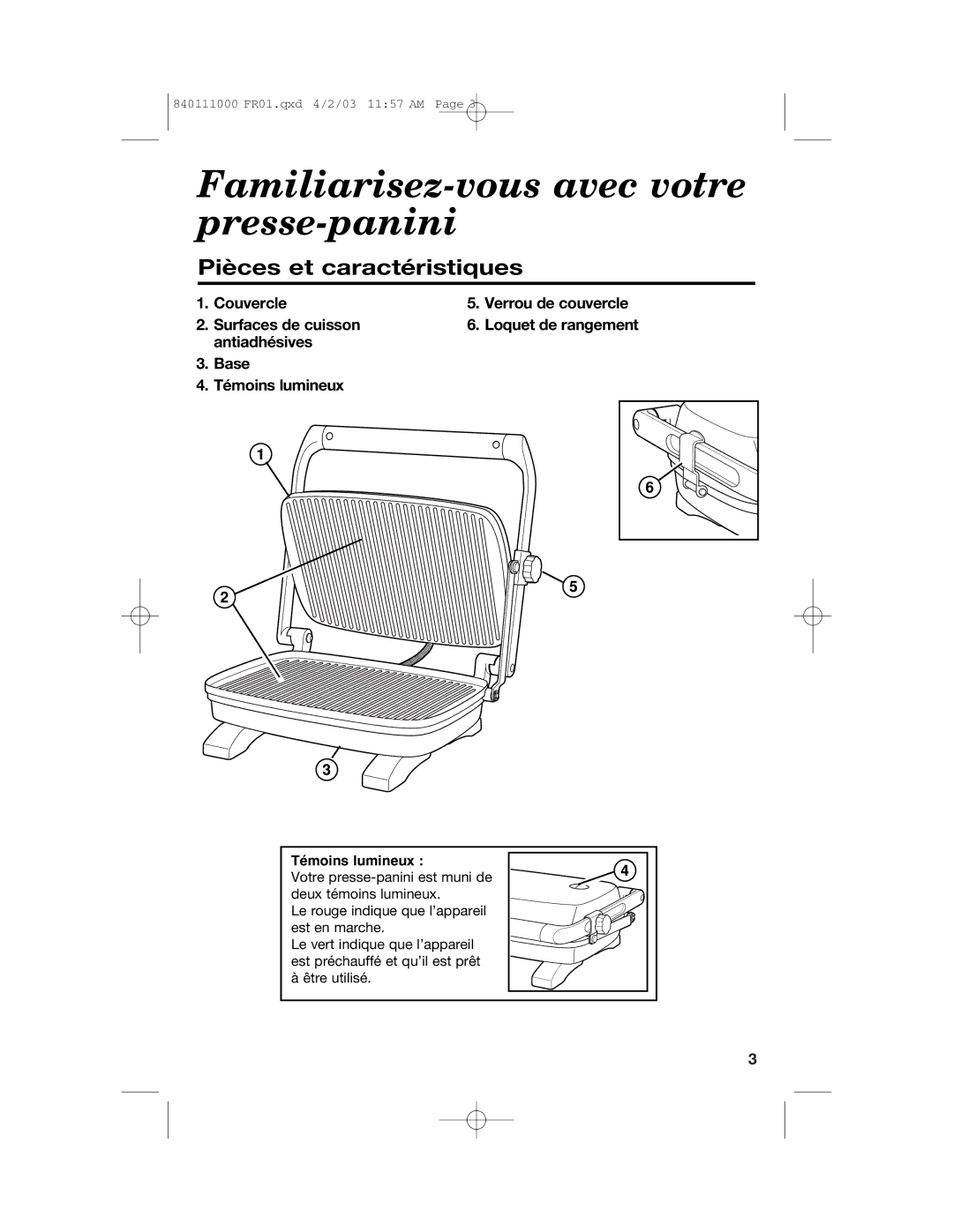 Hamilton Beach 25450 operating instructions Familiarisez-vous avec votre presse-panini, Pièces et caractéristiques 