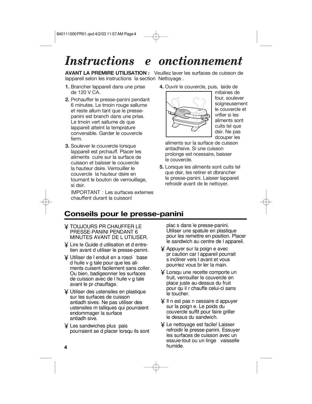 Hamilton Beach 25450 operating instructions Instructions de fonctionnement, Conseils pour le presse-panini 