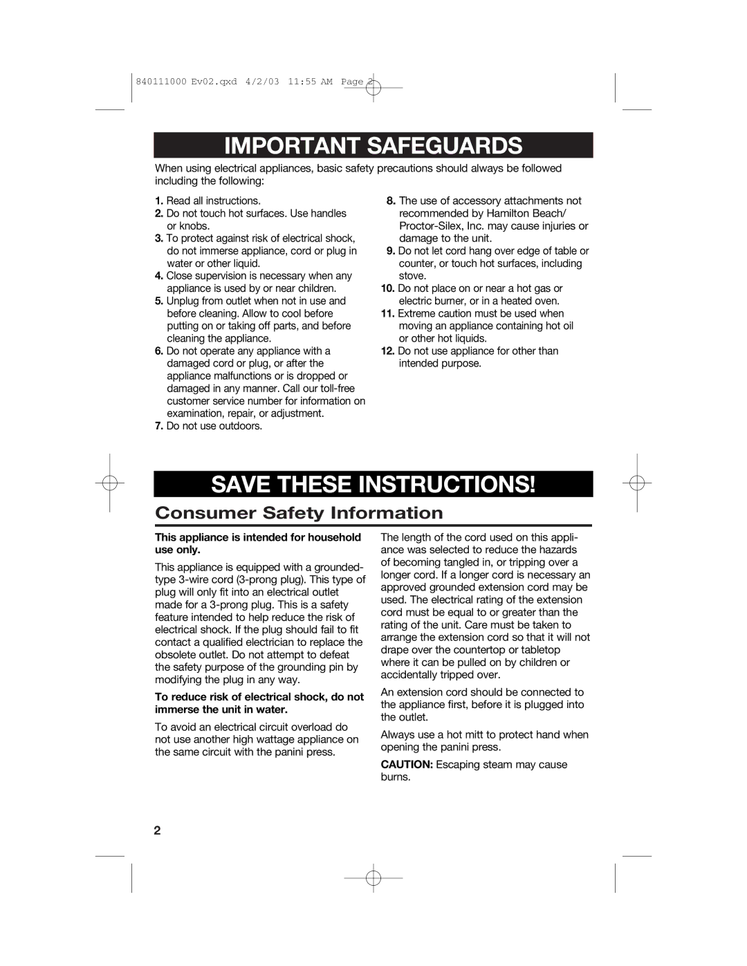 Hamilton Beach 25450 operating instructions Consumer Safety Information, This appliance is intended for household use only 