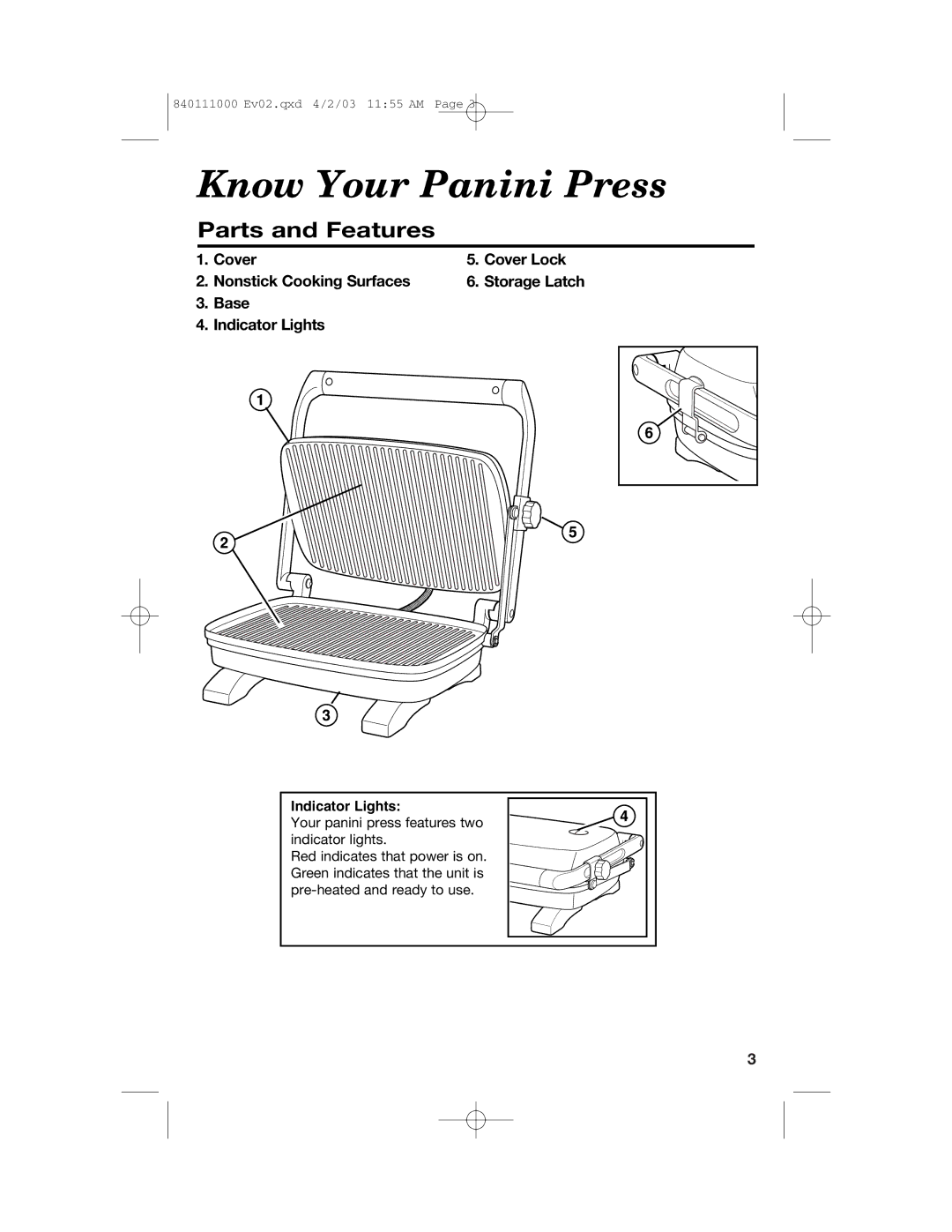 Hamilton Beach 25450 Know Your Panini Press, Parts and Features, Cover Cover Lock Nonstick Cooking Surfaces 