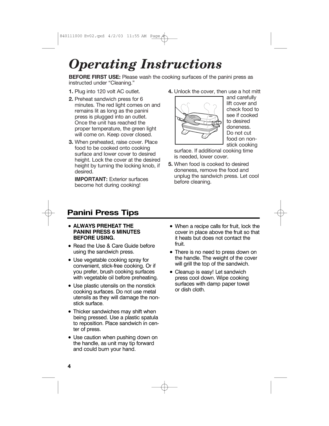 Hamilton Beach 25450 operating instructions Operating Instructions, Panini Press Tips 