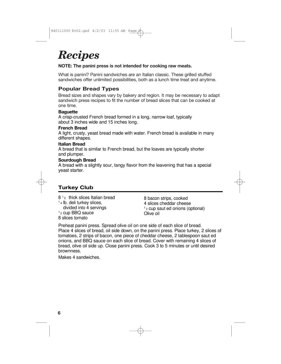 Hamilton Beach 25450 operating instructions Recipes, Popular Bread Types, Turkey Club 